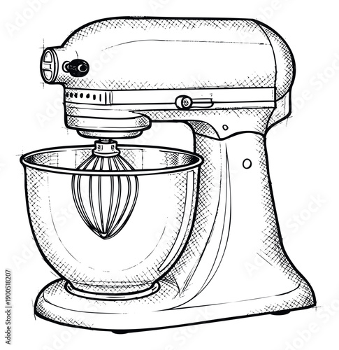 Handdrawn black and white stand mixer with whisk attachment perfect for culinary themed advertisements cooking tutorials or kitchen equipment guides