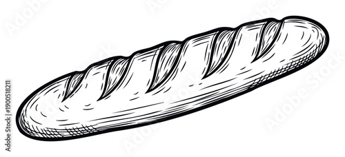 A classic French baguette loaf is depicted in an elegant hand drawn sketch style, perfect for food blogs, restaurant menus, cooking guides, or recipe book covers for culinary projects.