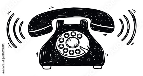 Black and white vintage dial telephone doodle style drawing indicating a ringing incoming call for communication and connection applications