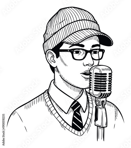 Young Asian man wearing glasses and a striped cap, dressed in a collared shirt with a tie and a Vneck sweater, intently speaking into a vintage microphone, ideal for media and communication