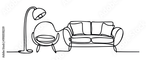Continuous line drawing of modern living room furniture including a stylish sofa, comfortable armchair, and floor lamp, ideal for home decor inspiration and contemporary interior projects.