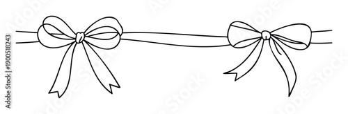 Elegant hand drawn black line drawing of two connected bows on a ribbon for various celebration themes, gift wrapping, party decorations, and special occasion announcements.