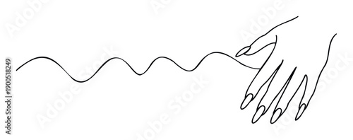 Elegant hand with long painted nails gently touching a flowing wavy line, perfect for modern branding, web graphics, and minimalist print media projects