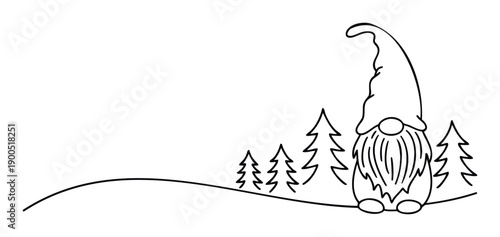 Minimalist black line drawing depicting a happy Christmas gnome with a long beard and tall pointed hat among winter pine trees, great for holiday branding, seasonal crafts, and festive