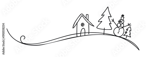 Simple black line drawing depicting a festive winter scene with a house, fir trees, and a happy snowman on a snowy hill, perfect for holiday greetings and childrens seasonal content
