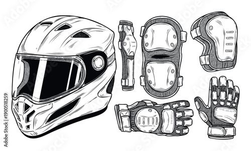 Collection of essential protective gear for various extreme sports and outdoor activities, perfect for safety guides or adventure sports promotional materials.