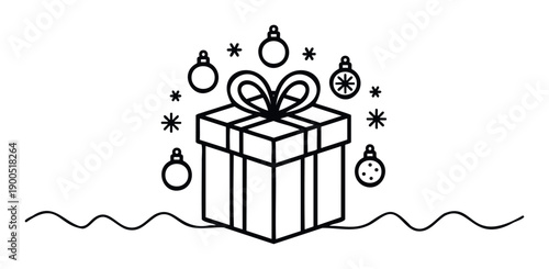 Simple outline drawing of a holiday gift box with a bow, surrounded by Christmas baubles and snowflakes on a wavy surface, perfect for seasonal greetings or winter event promotions.