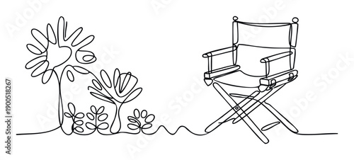 Minimalist continuous line drawing depicting a directors chair alongside flourishing flowers and plants, perfect for illustrating themes of creativity, nature, growth, and cinematic journeys