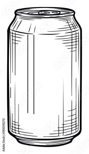 Black outline drawing of a standard aluminum beverage can, an ideal graphic resource for drink packaging concepts, product advertisements, and various commercial design applications.