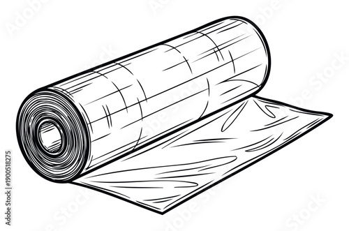 A roll of clear plastic film unrolling, useful for industrial packaging, food preservation, construction protection, and various household applications requiring a durable covering material