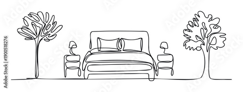 A continuous line drawing depicting a serene bedroom interior with a comfortable bed, nightstands, and lamps, harmoniously framed by stylized trees, ideal for minimalist decor concepts and