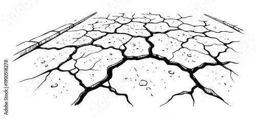 Hand drawn black and white cracked ground texture depicting dryness and drought, suitable for environmental awareness campaigns, dramatic background visuals, or abstract graphic projects