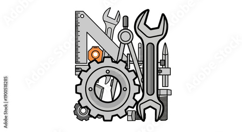 Vector illustration of mechanical tools and gears in grayscale design