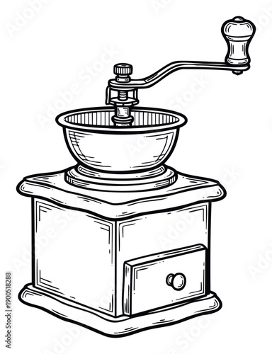 Classic style manual coffee grinder with a hand crank mechanism used for preparing fresh aromatic coffee beans, ideal for kitchenware catalogs or coffee shop branding.