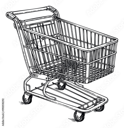 A classic empty wire shopping cart ready for grocery purchases at a supermarket or retail store useful for depicting consumerism sales and retail business concepts