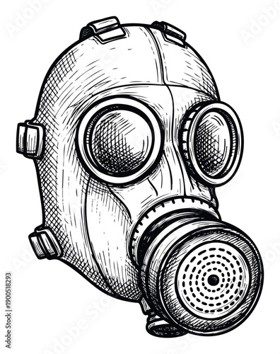 Detailed handdrawn gas mask illustration representing protection, security, and survival themes, ideal for vintageinspired graphic projects or historical articles.
