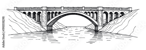 Hand drawn black and white ink sketch of an old stone arch bridge spanning a flowing river between two rocky hillsides, perfect for historical landscape and architectural study publications