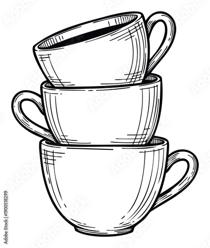 Stacked coffee cups with an appealing handdrawn aesthetic create a charming visual for cafes, kitchenware advertisements, or food and drink related marketing materials.