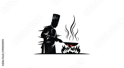 Skilled chef expertly cooks food in a wok over a fiery flame, creating a culinary masterpiece.