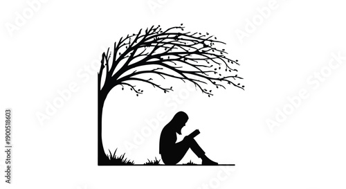 Silhouette of a person reading a book under a stylized tree with falling leaves.
