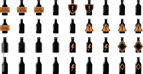 Hazardous chemical bottle icons set, toxic substance containers, warning labels, danger symbols, do not consume sign illustration