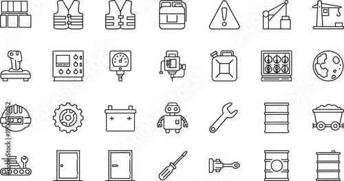 Industrial and construction line icons set, machinery, tools, safety equipment, factory production, engineering, mining, energy symbols collection