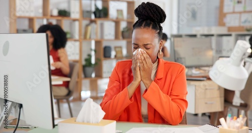 Konstfotografi Sick woman, office and blowing nose with tissue for influenza, cold and flu symptoms