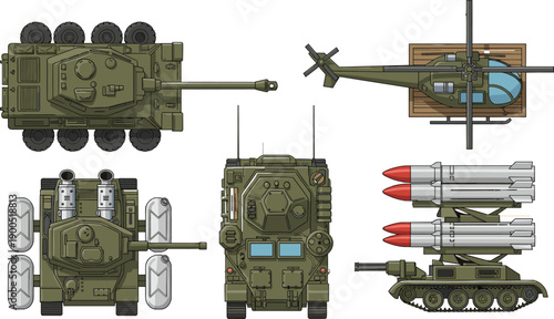 Military vehicles collection, armored transport, tank, missile launcher, helicopter, defense equipment set, army machinery vector illustration bundle
