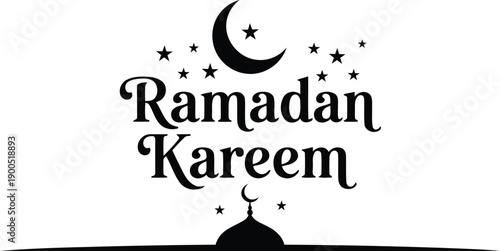 Classic black Ramadan Kareem message with a large crescent moon, stars, and a mosque silhouette below