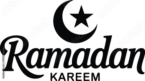 Elegant black Ramadan Kareem text paired with a prominent crescent moon and star symbol