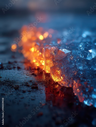 Glowing Crystals on Dark Surface with Vibrant Blue and Orange Hues