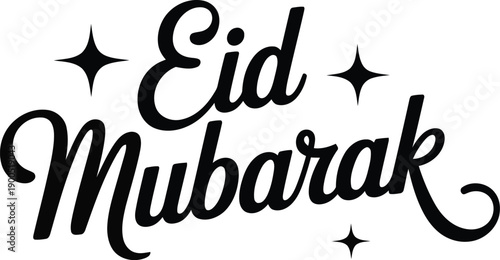 Elegant black script Eid Mubarak with small decorative stars appears on a clean white background