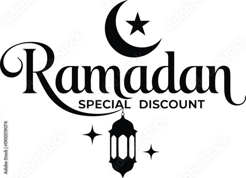 Elegant black typography announces a special Ramadan discount with crescent moon and lantern design