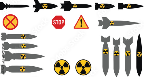 Nuclear weapons and radiation symbols set, atomic bomb icons, missile silhouettes, war danger signs, radioactive hazard illustration