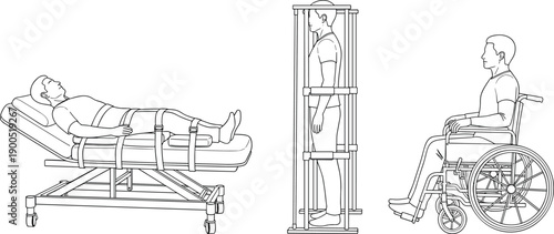 Patient rehabilitation equipment set hospital bed standing frame wheelchair medical therapy vector illustration isolated on white