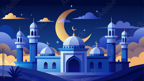 Whimsical night scene with crescent moon and starry sky