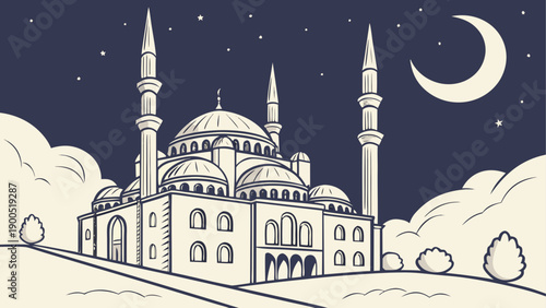 Mosque night sky vector illustration