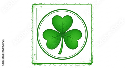 Green four leaf clover on white background with circular and square frame symbolizing good luck and fortune
