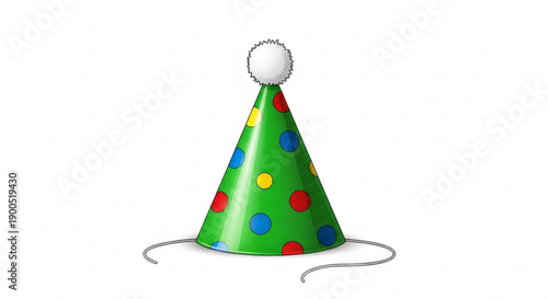Vibrant green party hat with colorful polka dots and a white pom pom on a plain white background for celebrations