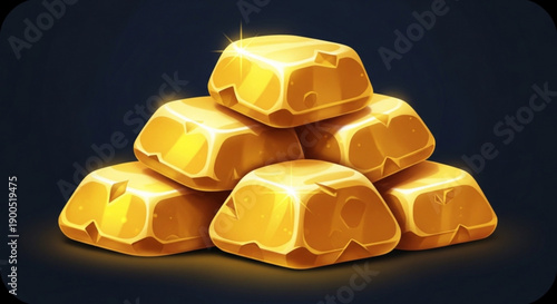 Golden treasure stack with shiny gold bars on dark background symbolizing wealth and luxury