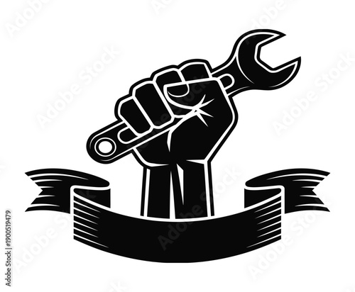 Industrial strength labor union symbol showing clenched fist holding wrench tool above blank ribbon banner for custom typography