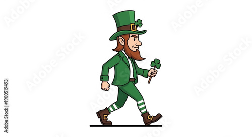 Smiling leprechaun walking with shamrock in hand on white background wearing green suit and hat