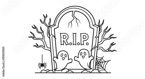 Halloween tombstone illustration with ghosts and spider web