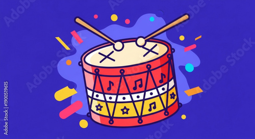 Vibrant red drum with colorful patterns and drumsticks on blue background with musical notes and confetti