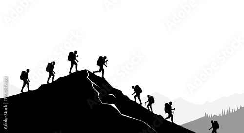 Silhouette of Hikers Climbing a Mountain Ridge at Sunrise