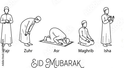 Line Art Vector Illustration of Muslim Man Performing Five Daily Prayers Fajr Zuhr Asr Maghrib and Isha with Eid Mubarak Text for 2026 Islamic Holy Month 2026 