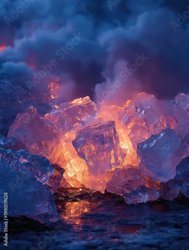 Glowing Ice and Smoke with Fiery Illumination in Dark Atmosphere