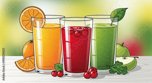 A colorful vector illustration of three glasses of juice with fruits and leaves on a table
