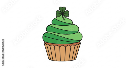 Green frosted cupcake with shamrock decoration in brown wrapper isolated on white background cartoon style sweet treat st patrick's day theme festive dessert