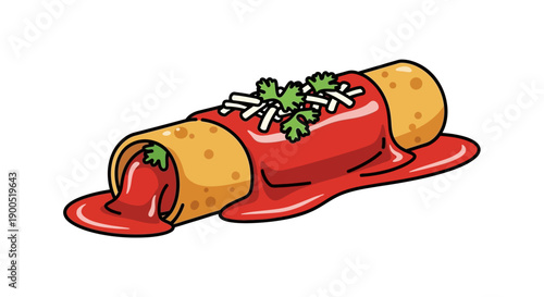 Cartoon enchilada with red sauce and cilantro garnish